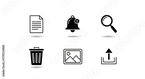 Set of clean, modern icons representing document, notification, search, trash, gallery, and upload functions.