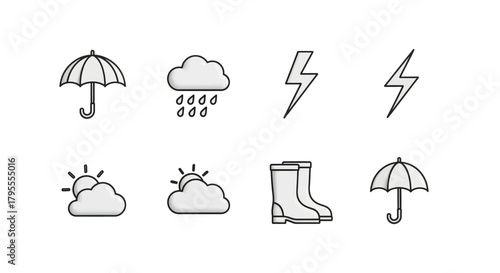 Collection of weather icons including sun, clouds, rain, lightning, and boots