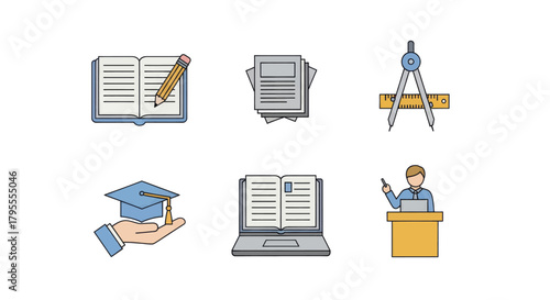 Collection of educational icons representing learning, knowledge, and academic achievement.
