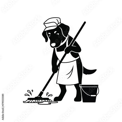 Dog in cleaner uniform diligently mopping floor with a bucket isolated on white background Vector
