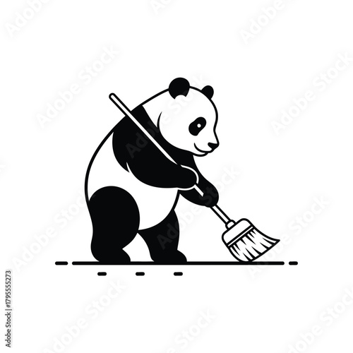 Panda bear sweeping with a broom clean up duty icon graphic isolated on white background Vector