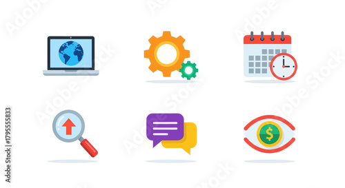 Collection of modern digital icons representing technology, communication, and finance