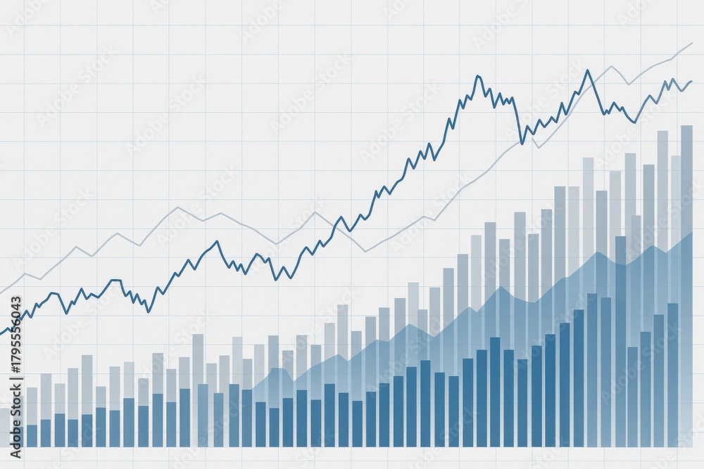Naklejka premium Financial growth visualization with mixed bar and line charts indicating market trends, investment performance, and economic analysis. Concept of data-driven decision making and analytics.