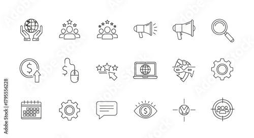Diverse set of marketing and business icons, representing global outreach, customer engagement, and strategic growth.