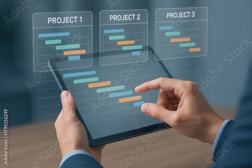 Project manager analyzing progress on multiple projects using a digital tablet with interactive Gantt charts. Concept of project management, visualization, and teamwork efficiency.