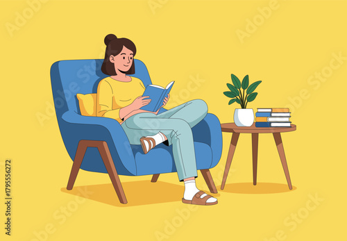 Woman relaxing in armchair at home reading a book with a side table and plant pot, vector illustration