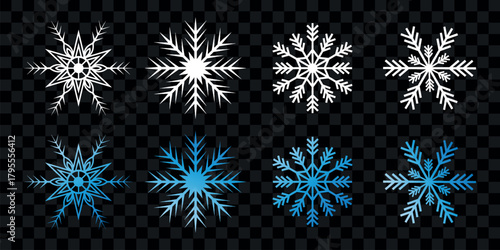 Collection of intricate white and blue snowflake designs on dark background