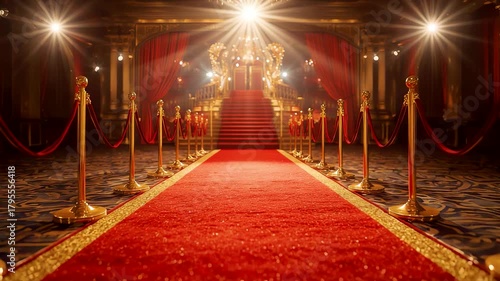 Luxurious Red Carpet Leading to Grand Staircase with Golden Lights and Velvet Ropes