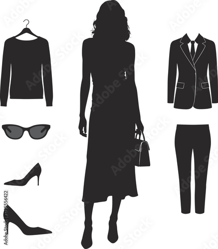 Fashion silhouette illustration, woman with outfit options, clothing and accessories layout, style selection concept, wardrobe planning, formal attire elements