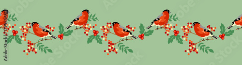 Cute red birds with berry branch and leaves seamless border pattern design on pastel green background. Vector illustration decoration element design