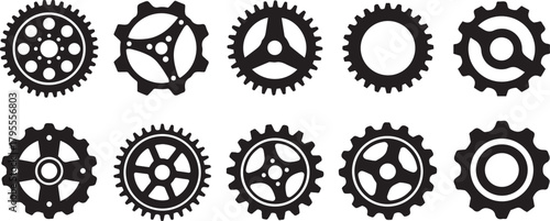 Collection of ten black silhouette gears and cogs in various designs mechanical machinery