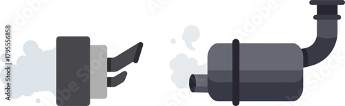 Car exhaust system with smoke and components in flat design style  