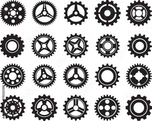 Twenty black gear and cogwheel silhouette icons on white background mechanical engineering