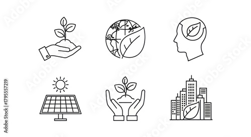 Sustainable growth and environmental awareness icons promoting eco-friendly living and green energy solutions