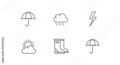 Collection of weather icons including sun, rain, lightning, and umbrellas