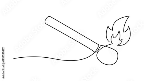 Continuous One Line drawing of a burning match isolated on white background