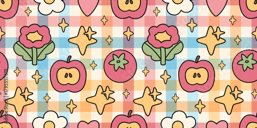 Kawaii pattern with apples, tomatoes, flowers and soft stars on a pastel checkered background. Friendly shapes and warm colors create a cozy playful mood, ideal for kids themes, fabric prints and char
