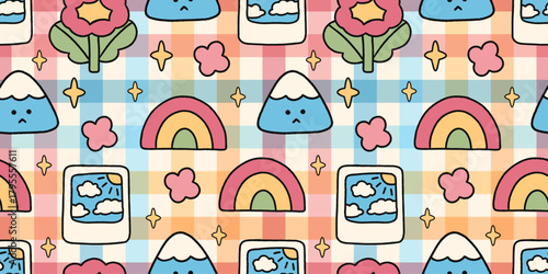 Kawaii pattern with happy mountains, rainbows, flowers, stars and photo frames on a soft pastel checkered background. Playful characters and cozy colors create a sweet design perfect for kids-themed p