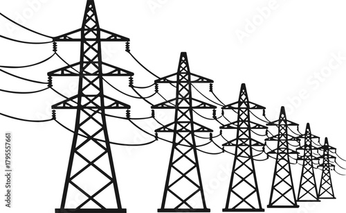 High voltage transmission towers, electricity pylons line, power grid infrastructure, energy transport system, electrical network, long-distance supply, lattice structure, insulators