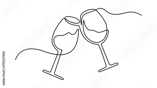 Continuous obe line drawing of two champagne glasses clinking together isolated on white background
