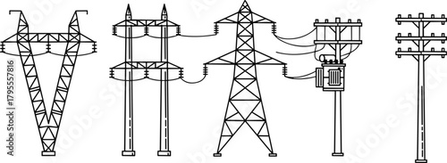 Electric transmission towers, utility poles sequence, power distribution illustration, voltage step-down, energy infrastructure, grid system, electricity flow, engineering concept