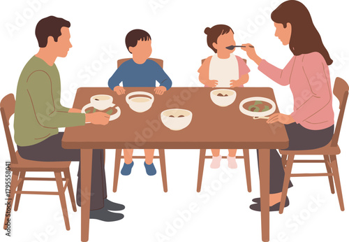 Family mealtime illustration, parents and children eating, dining table scene, bonding moment, home meal, shared food, caring interaction, cozy atmosphere