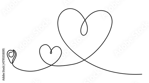 Continuous one line drawing of two hearts connected by a location pin isolated on white background
