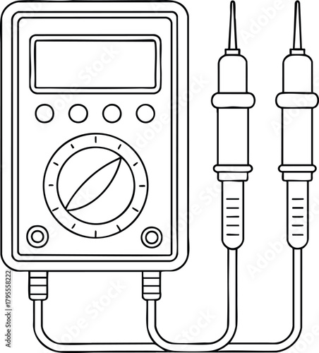 Digital multimeter with test probes line art illustration symbolizing electronics testing and measurement