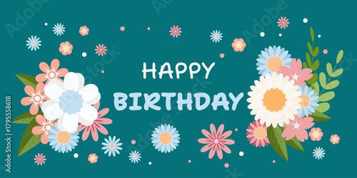 Horizontal postcard with delicate spring flowers and leaves in soft pastel colors on blue background. Elegant floral vector design Greeting card. Happy Birthday text. For friend mom dad