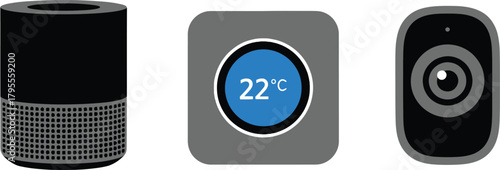 Three stylized smart home devices displayed against a solid black background