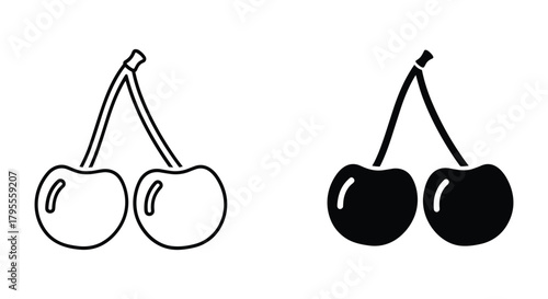 Cherry fruit icon vector set: outline and filled black graphic on clean white