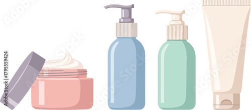 Skincare product assortment featuring cream jar bottles and tube for beauty routine