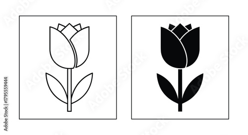 Minimalist black outline and solid filled tulip flower icon set, elegant art