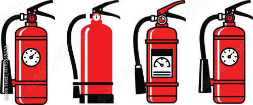 Four red fire extinguishers lined up against a black background for safety needs
