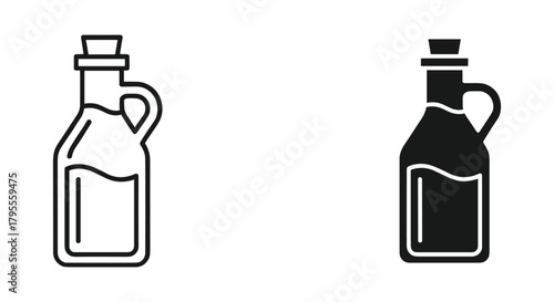 Minimalist olive oil bottle line and solid icon set, cooking ingredient vector.