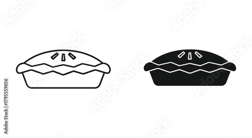 Two minimalist pie icons: outline and solid fill design, dessert vector graphics