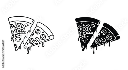 Modern outline and solid vector icons of two pizza slices with dripping cheese