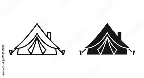 Camping tent icon set: outline and filled silhouette for outdoor adventure