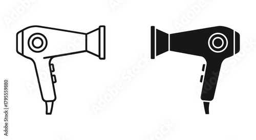Hair dryer outline and solid glyph icons, personal care appliance symbol vector
