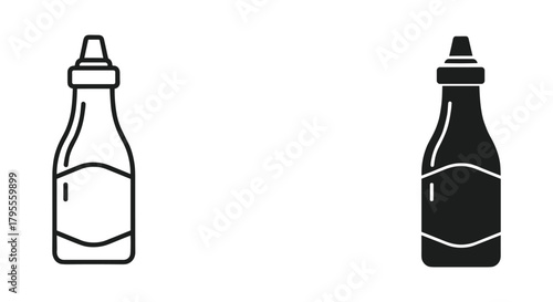Outline and glyph icons of condiment sauce bottle, food seasoning packaging