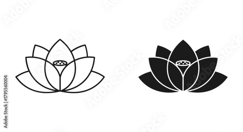 Stylized lotus flower outline and solid icon for yoga, spa, purity, meditation
