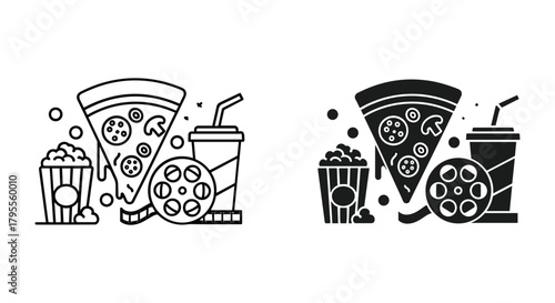 Cinema food and entertainment icons with pizza, popcorn, soda, film reel