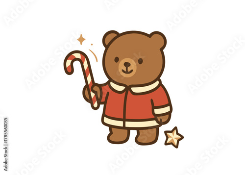 Cute Christmas Teddy Bear Holding Candy Cane Cartoon Vector