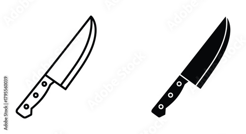 Kitchen chef knife outline and solid icon set for cooking and food preparation
