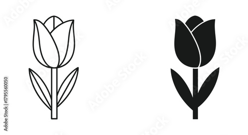 Line art and solid tulip flower icons set. minimalist floral vector illustration.