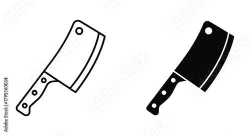 Meat cleaver outline and solid icon for kitchen, cooking, butchery, and food