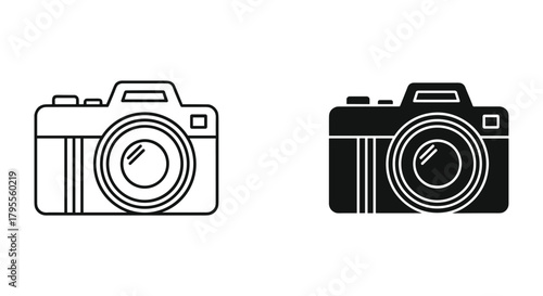 Digital photography camera icon set: outlined and filled solid black versions