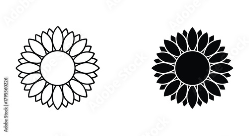 Sunflower outline and solid silhouette icon set, simple vector floral design