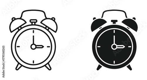 Alarm clock icon outline and glyph symbols for time, reminder, and schedule