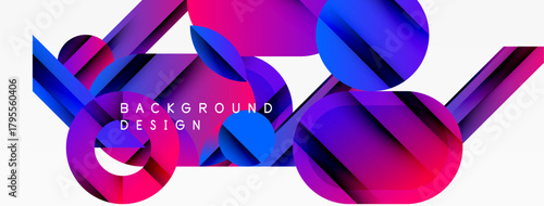 Abstract geometric shapes, vibrant colors, dynamic composition. Modern design elements create visually striking background.